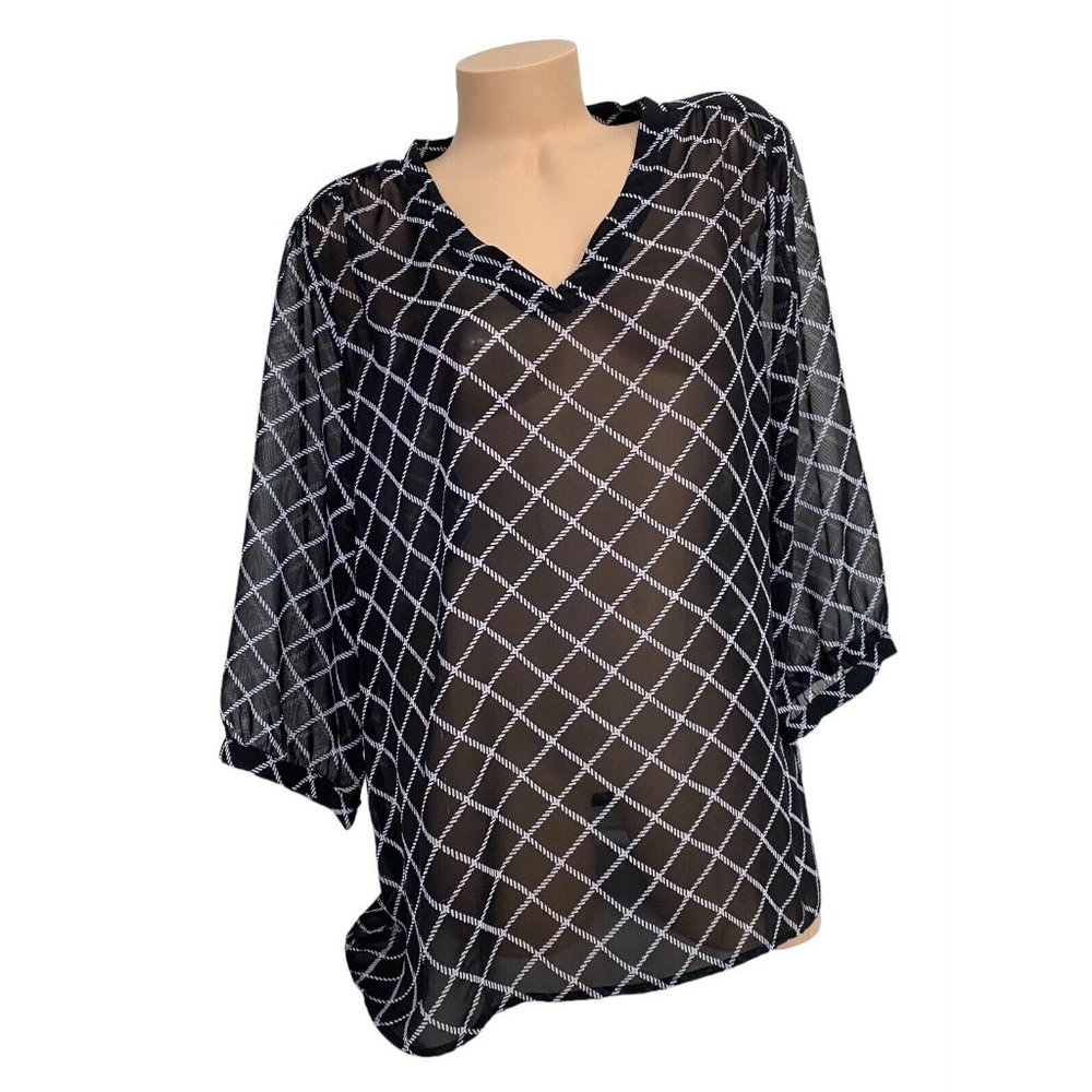 OLD‎ NAVY Women's EXTRA LARGE Sheer V-Neck Blouse Black Trellis 3/4 Sleeves